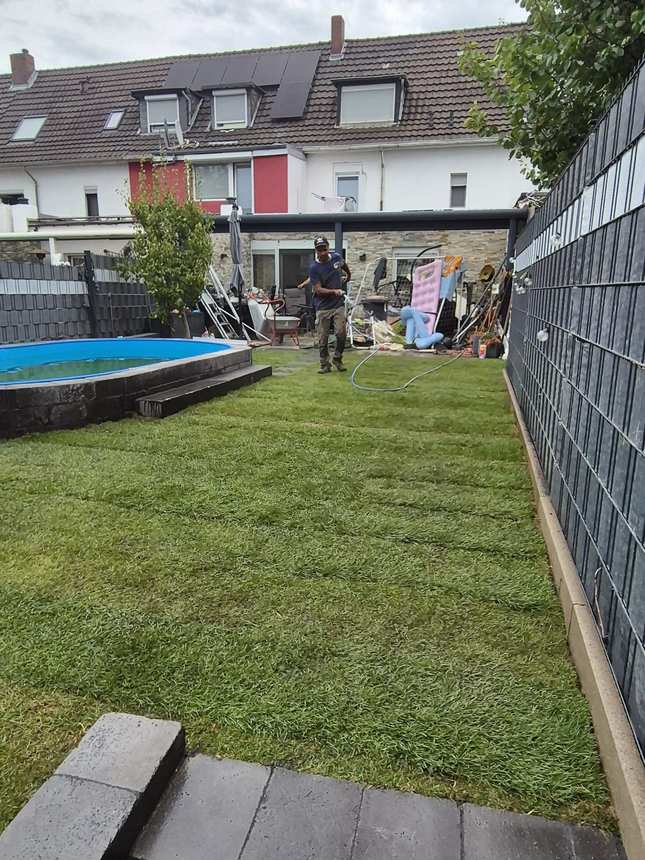 Poolbereich mit fertigem Rollrasen
